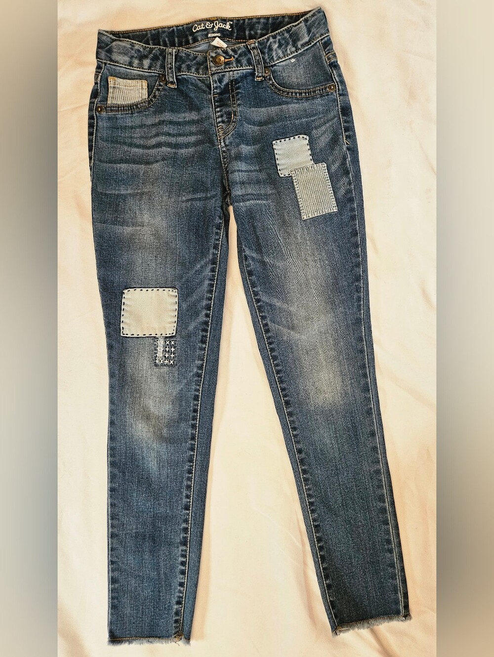 Cat & Jack Girls Blue Faux Patchwork Raw Hem Skinny Jegging Jeans Size 10